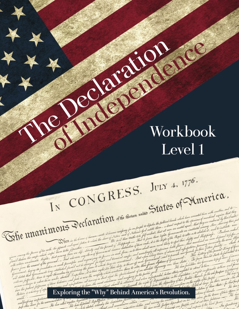 Cover of a workbook titled 'The Declaration of Independence', featuring the American flag and an excerpt from the historical document dated July 4, 1776.