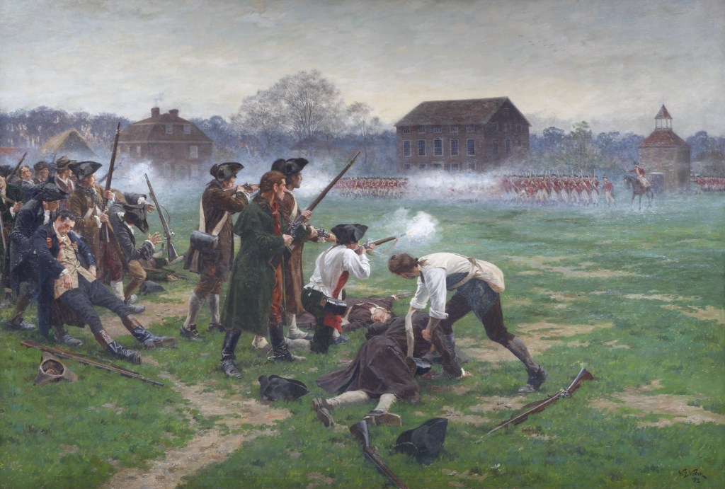 A historical painting depicting a battle scene with armed soldiers in period clothing, some firing muskets while others attend to an injured person on the ground, with a backdrop of smoke and military formations in the distance.