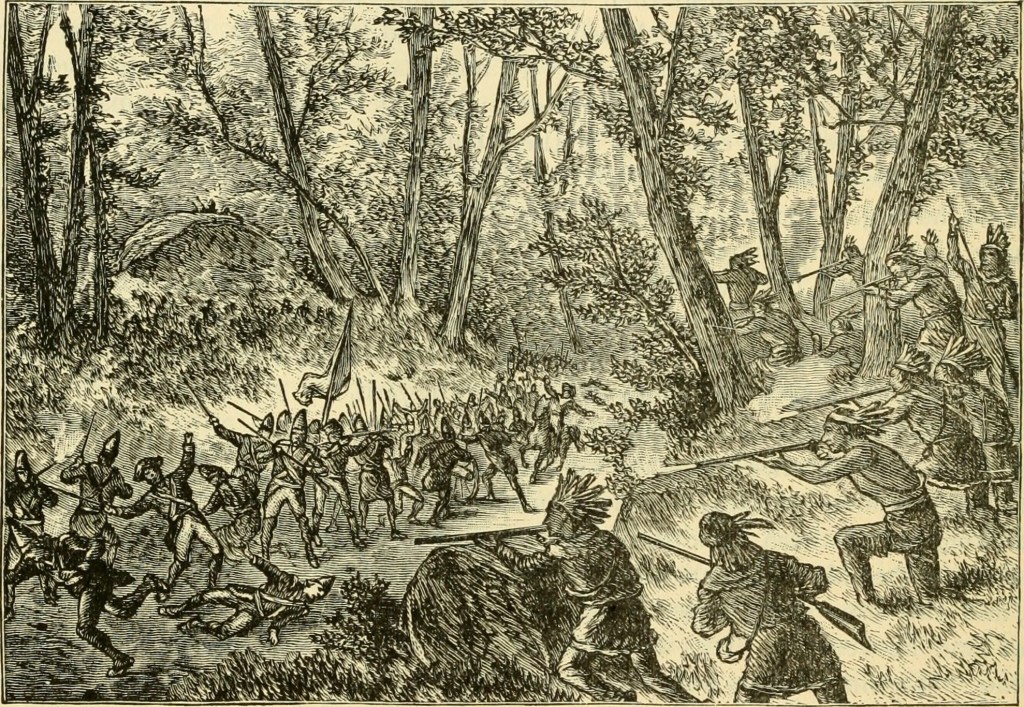 Historical illustration depicting a battle scene between indigenous warriors and soldiers in a forest setting.