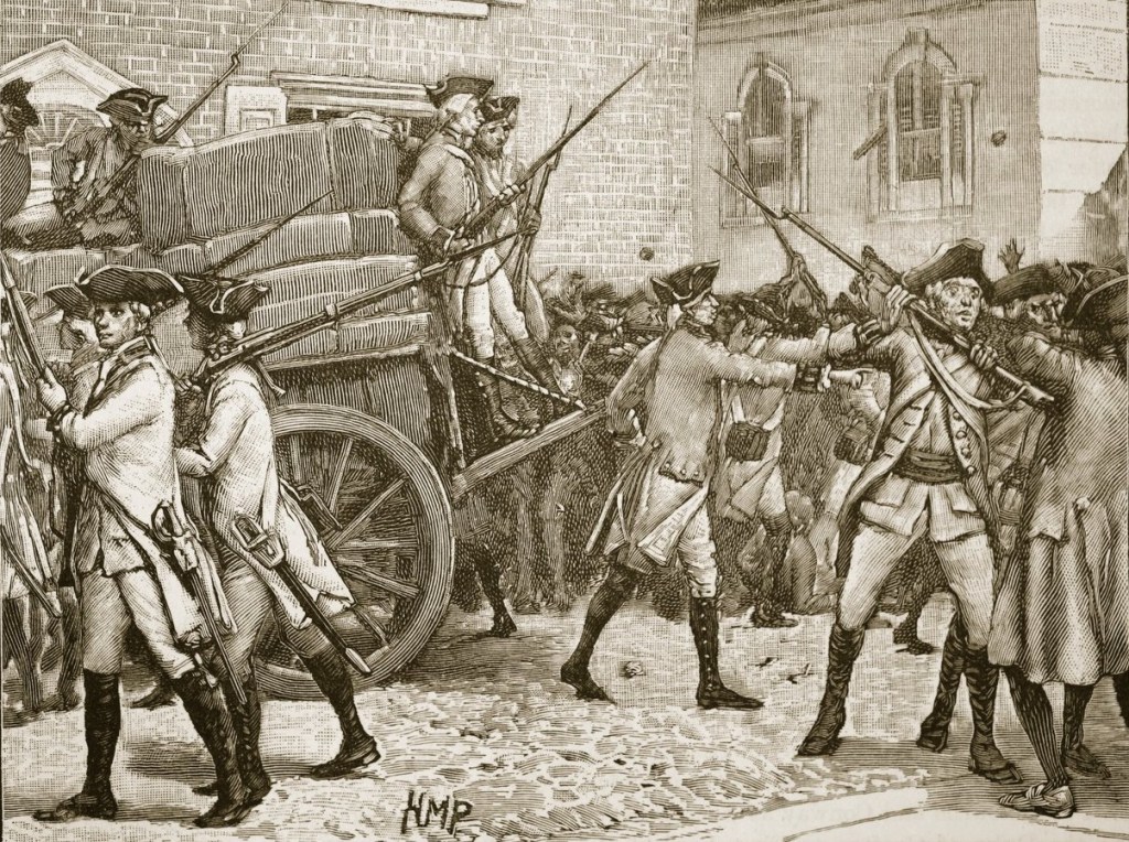 Historical illustration of soldiers in 18th century military uniforms, engaged in a skirmish. Some soldiers are carrying rifles, while others are present near a cart piled with supplies. The scene depicts a moment of tension during a conflict.