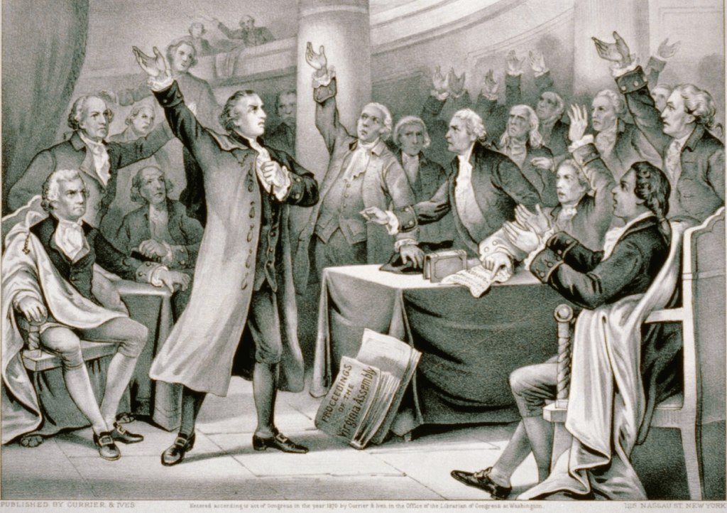 Historical illustration of a group of men in period clothing engaged in a heated discussion in a legislative assembly, with one man passionately addressing the others.